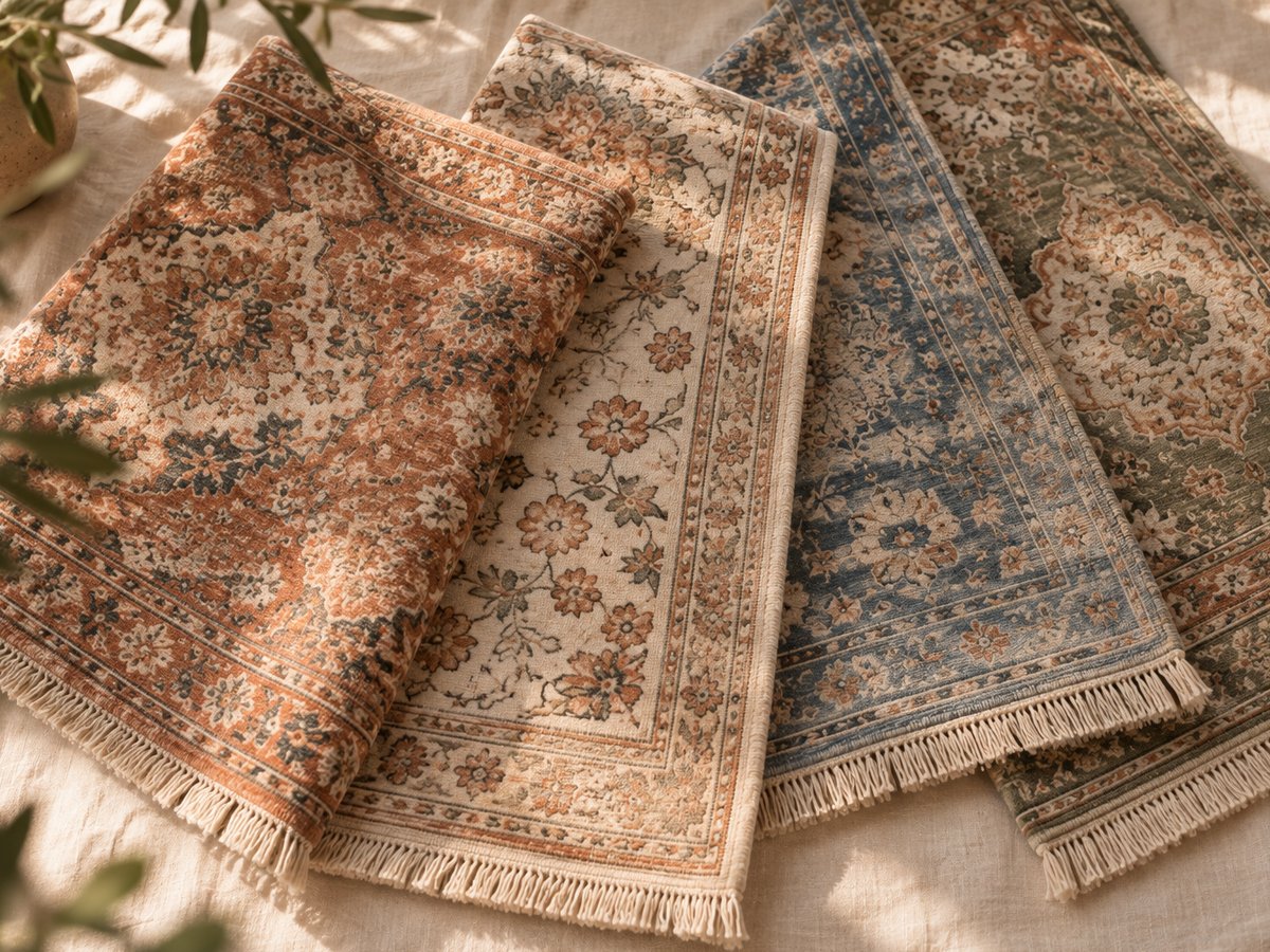 Amostras de tapete em terracota, creme, azul e sálvia