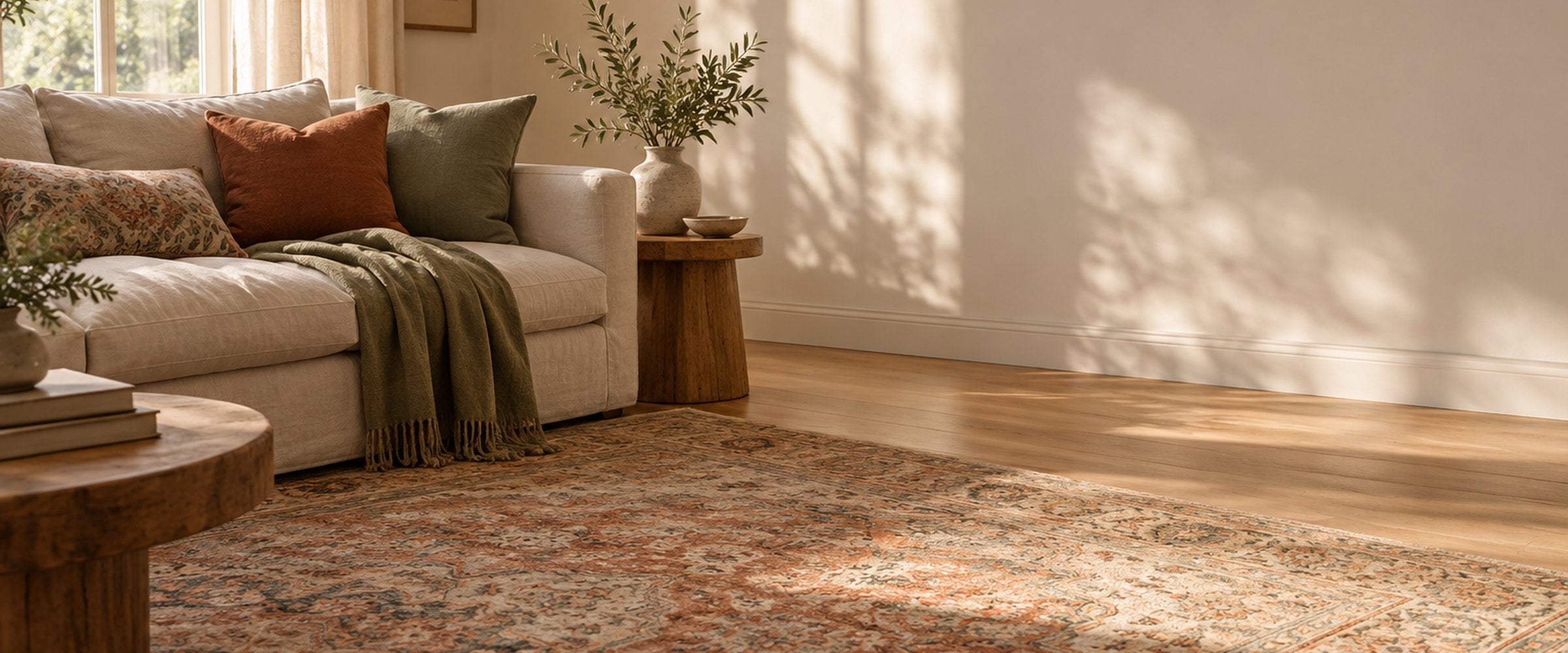 Sala aconchegante com tapete vintage floral desbotado